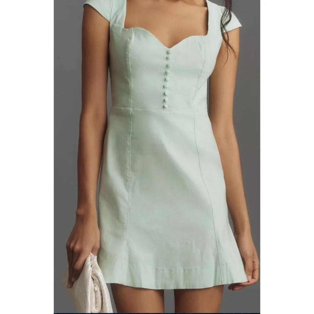 Anthropologie The Cecily Fit Flare Sweetheart Mini dress Pastel Mint Green LG